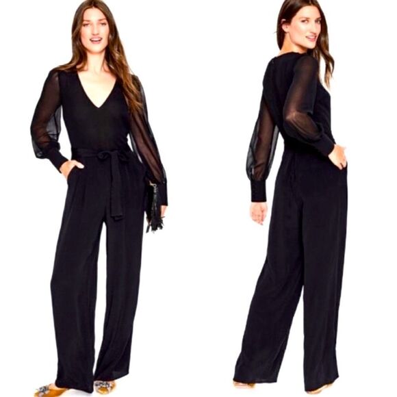 Boden Pants - Boden Belgrave Womens 2R Black Sheer Silk Mix Jumpsuit Wide Leg NWT